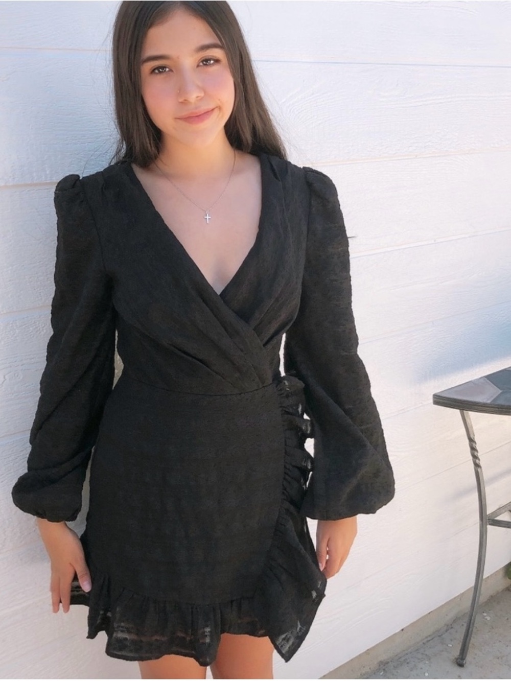 The Fifth Label Black Wrap Mini Dress with Puff Sleeves